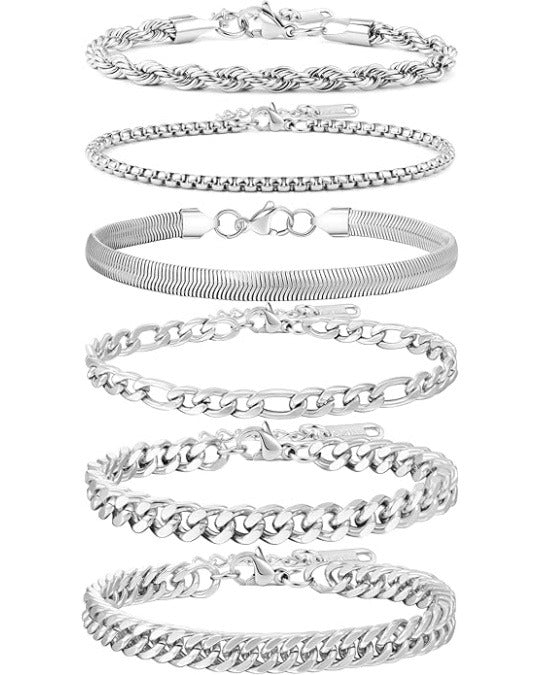 Men’s Silver Stainless Steel Cuban Link Bracelet Set