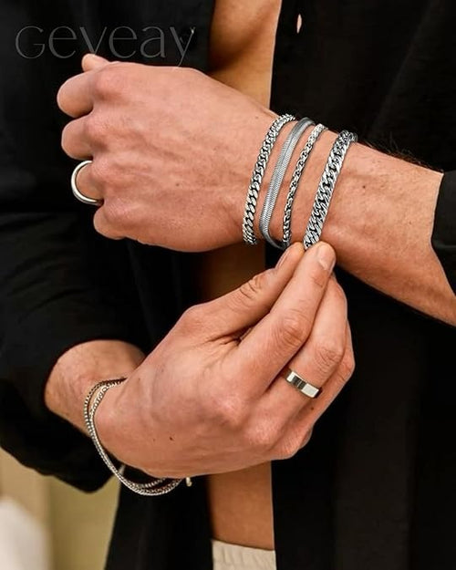 Men’s Silver Stainless Steel Cuban Link Bracelet Set