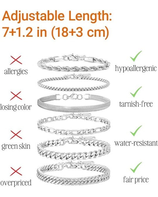 Men’s Silver Stainless Steel Cuban Link Bracelet Set