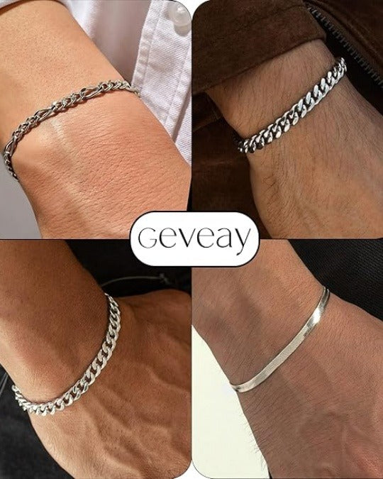 Men’s Silver Stainless Steel Cuban Link Bracelet Set